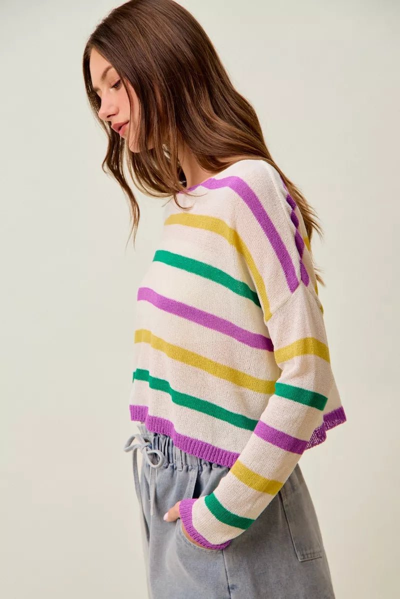 SO ME Mardi Gras Color Stripe Lightweight Sweater Top - Bitsy Gypsy Boutique