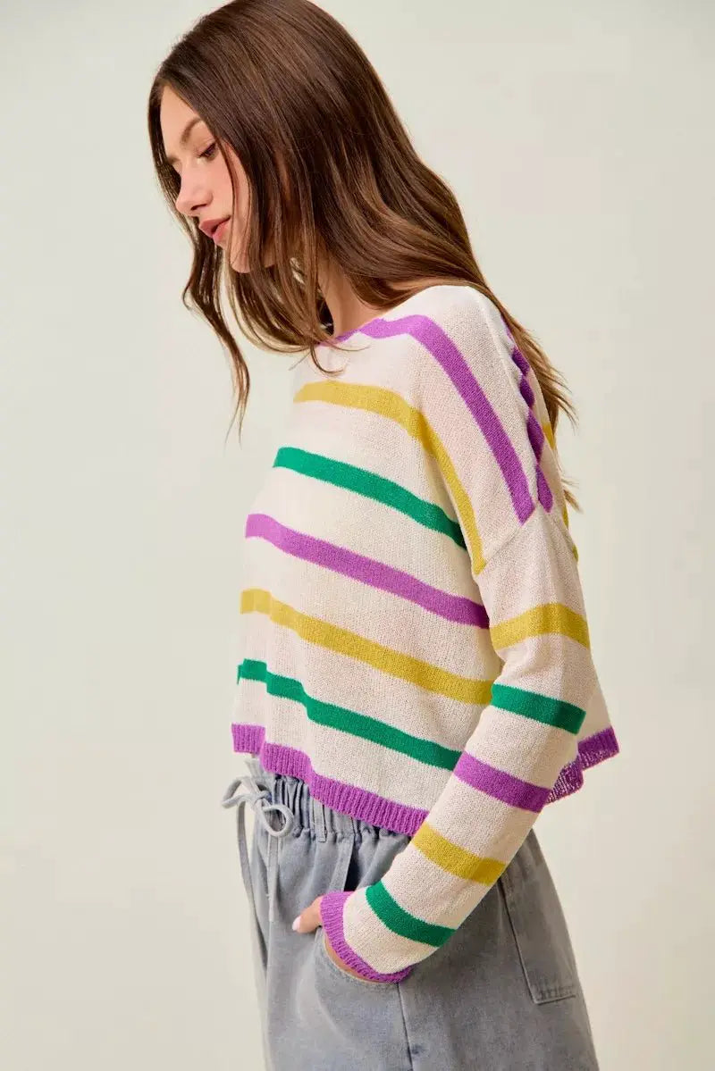 SO ME Mardi Gras Color Stripe Lightweight Sweater Top by Trendsi