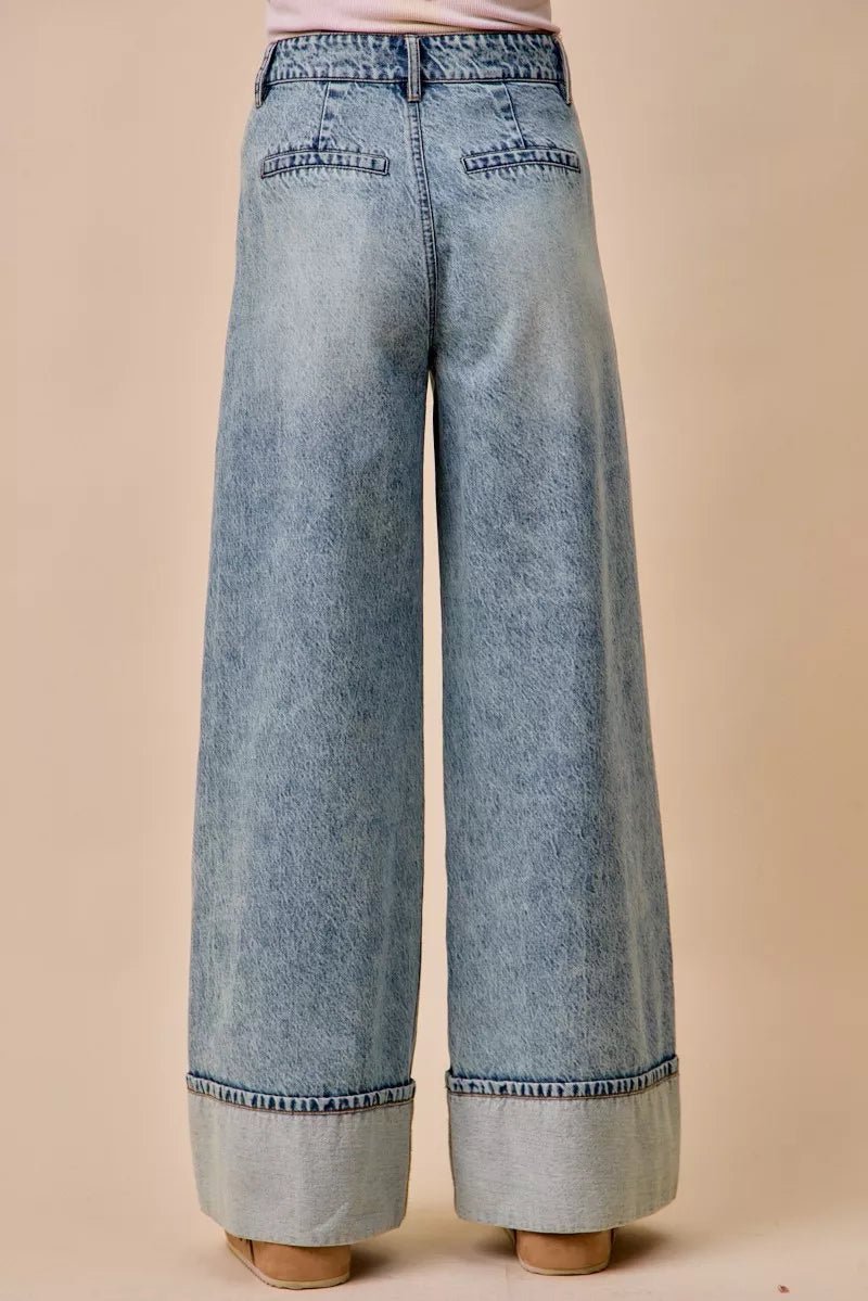 SO ME Mid Rise Plated Wid Leg Denim Jean - Bitsy Gypsy Boutique