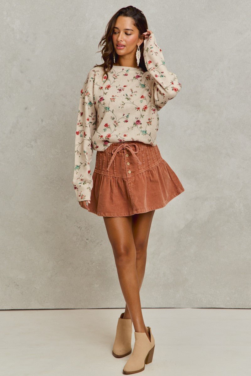 SO ME Mineral Wash Pintucked Corduroy Mini Flared Skirt - Bitsy Gypsy Boutique