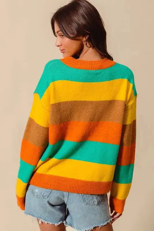 SO ME Multi Color Stripe Sweater with Ribbed Detail by Trendsi