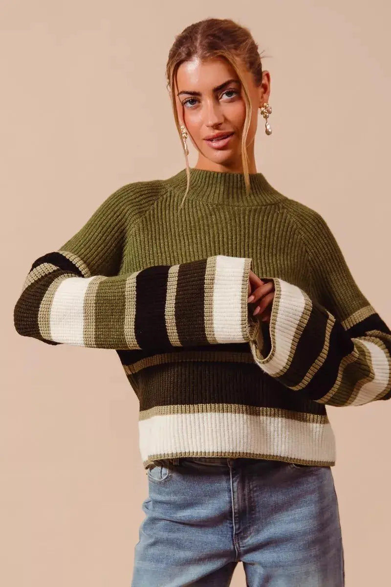 SO ME Multi Color Striped Mock Neck Sweater by Trendsi