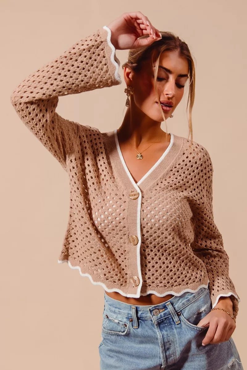 SO ME Open Knit Light Weight Sweater Cardigan With Contrast Wavy Scallop Edge - Bitsy Gypsy Boutique