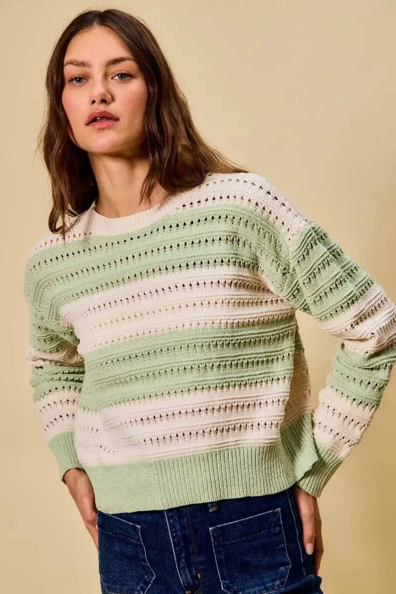 SO ME Openwork Round Neck Wide Stripe Textured Sweater by Trendsi
