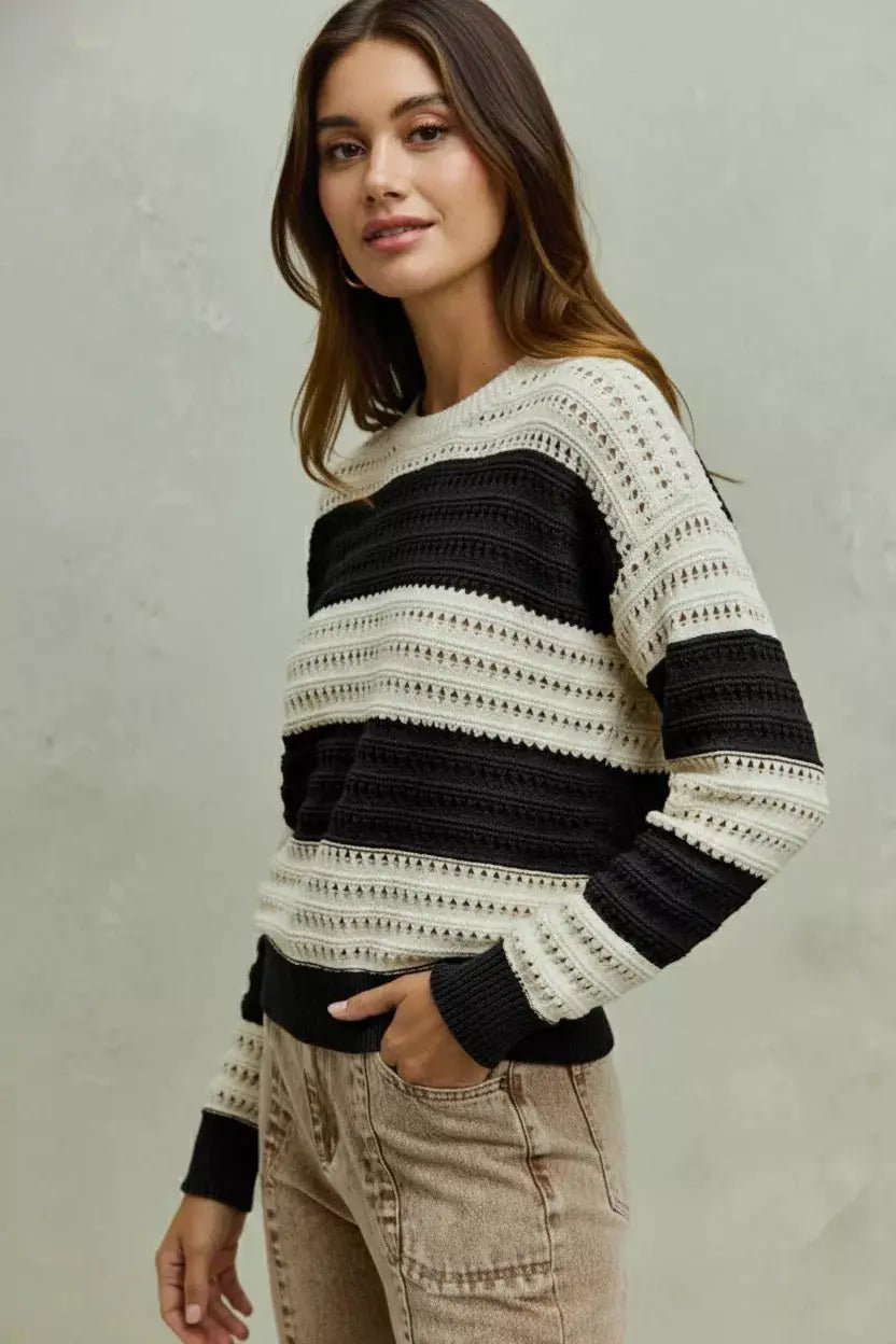 SO ME Openwork Round Neck Wide Stripe Textured Sweater by Trendsi