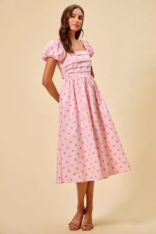 SO ME Polka Cotton Print Short Sleeves Midi Dress - Bitsy Gypsy Boutique