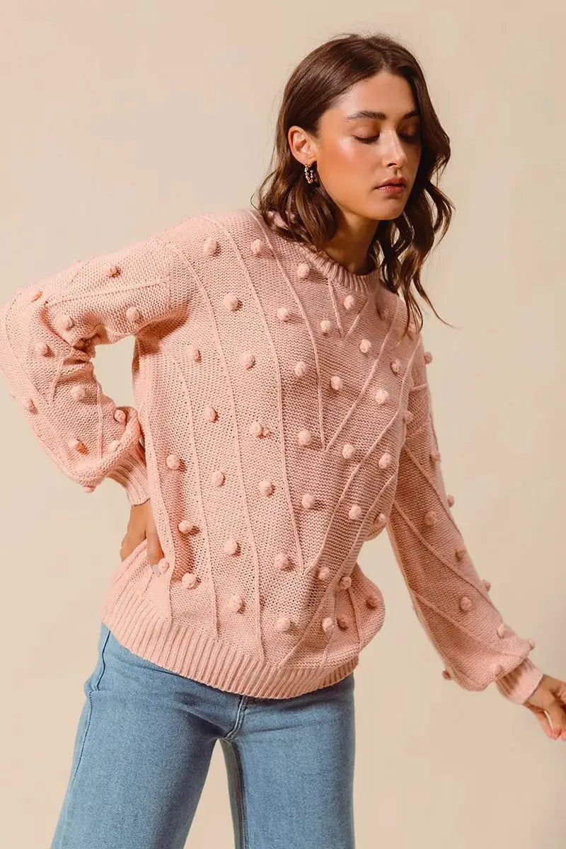 SO ME Pom Pom Textured Knit Sweater Top by Trendsi
