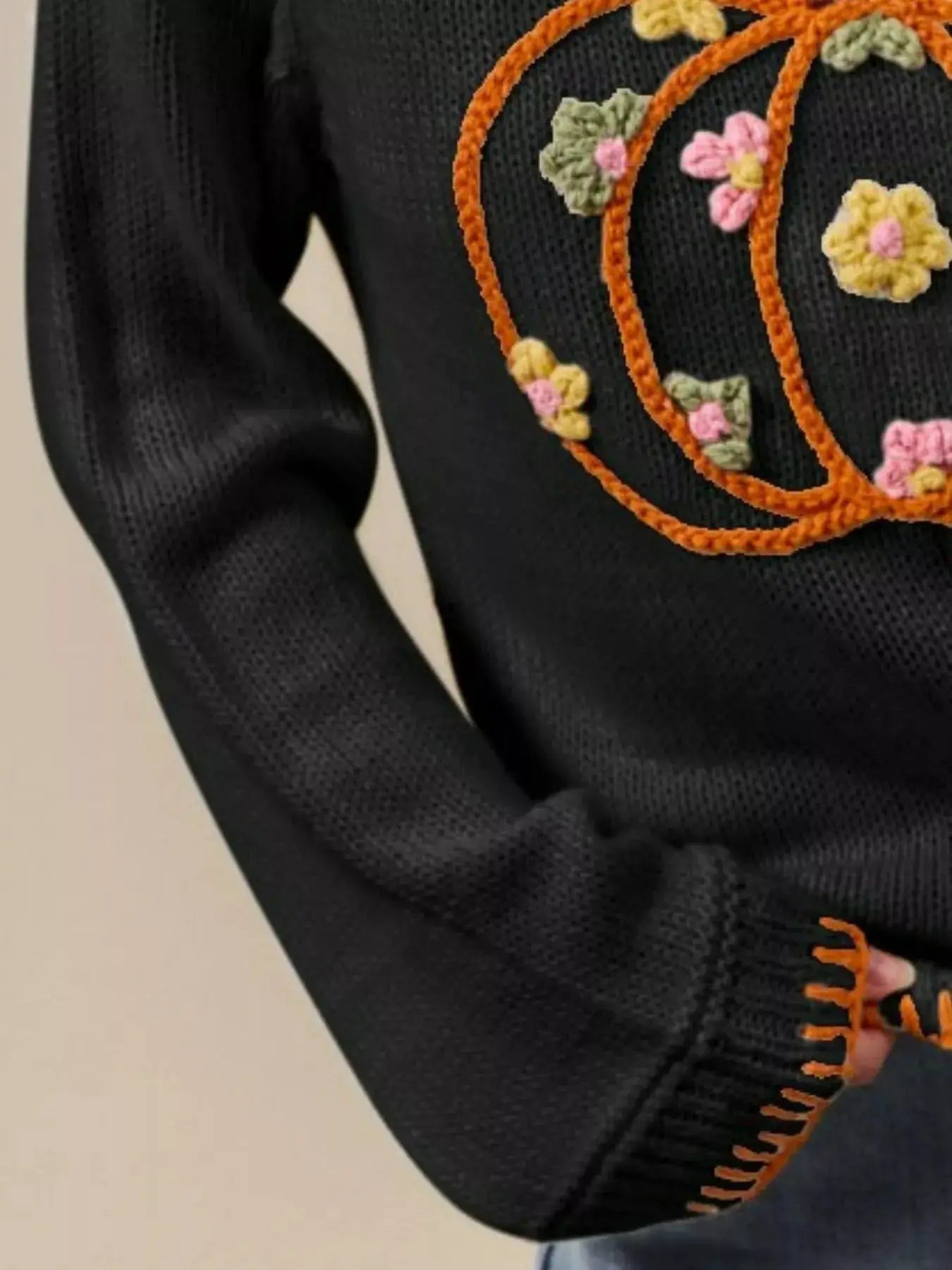 SO ME Pumpkin Floral Embroidered Thanksgiving Sweater by Trendsi