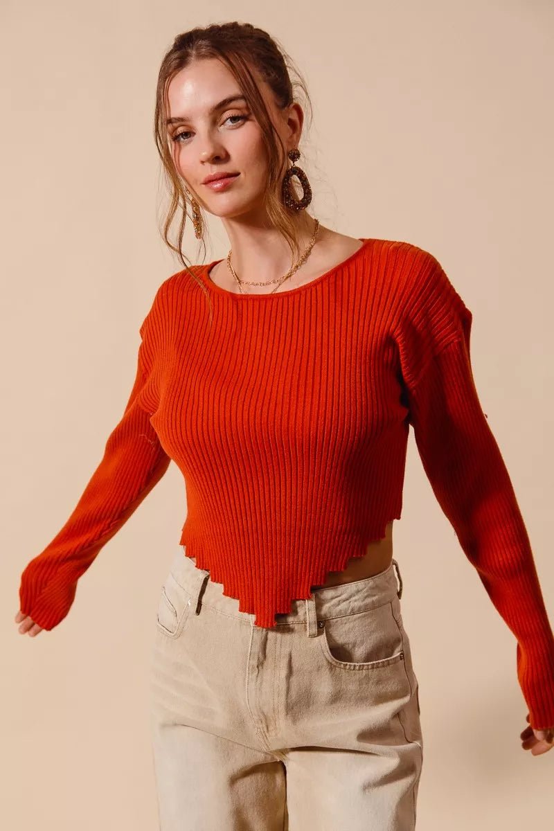 SO ME Rib Knitted Crop Sweater Top With Shaped Hem - Bitsy Gypsy Boutique