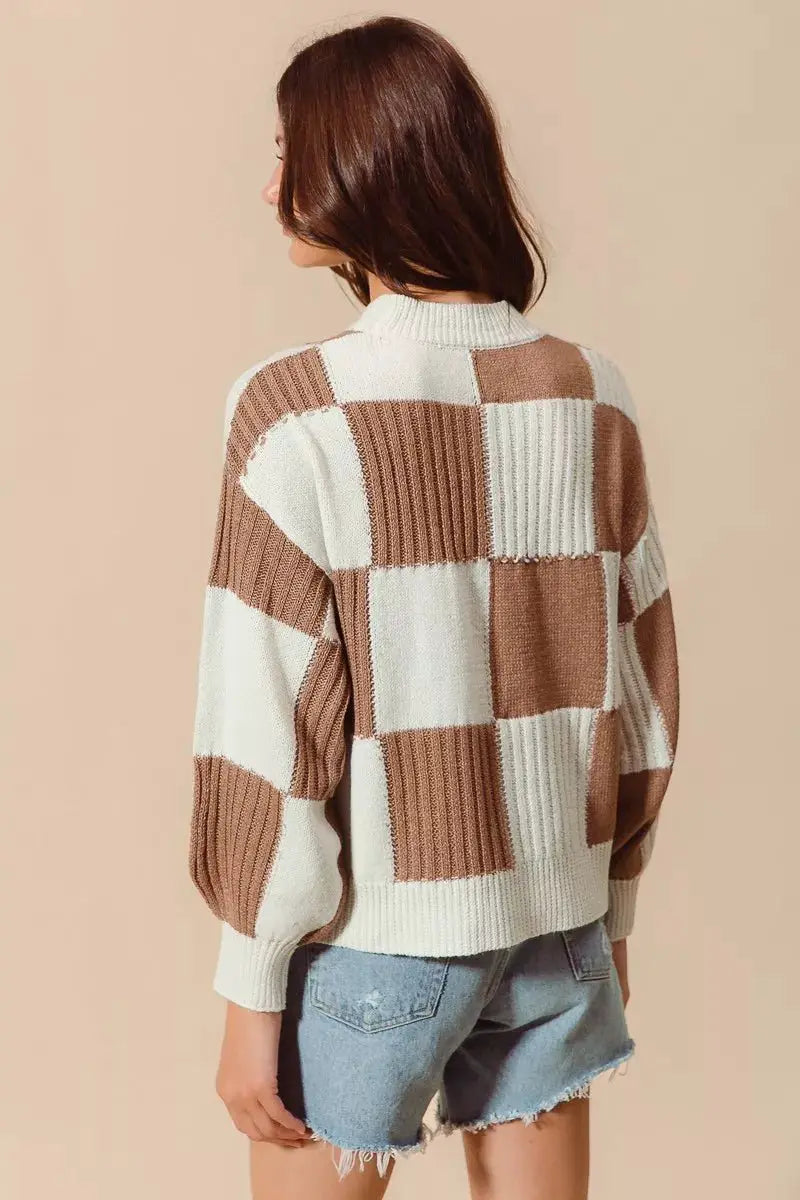 SO ME Ribbed Color Block Checkered Plaid Sweater by Trendsi