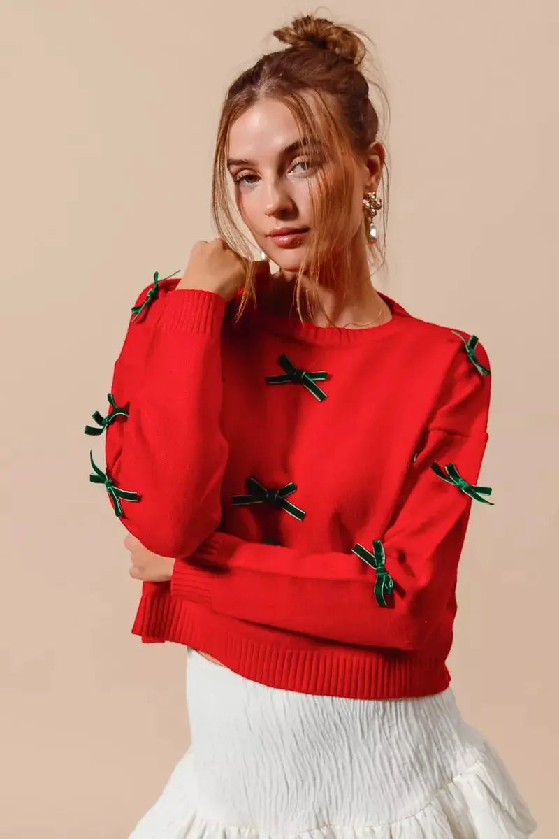 SO ME Ribbon Bow Applique Sweater by Trendsi