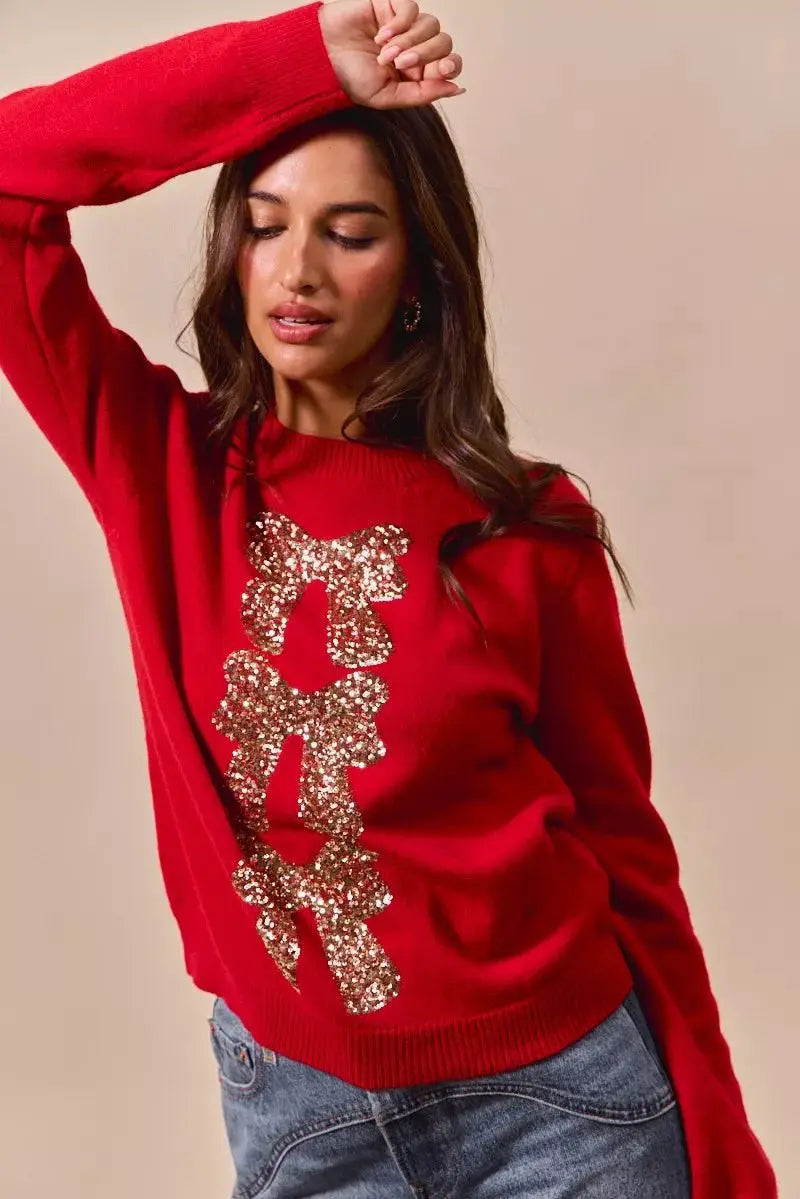 SO ME Sequins Bow Ribbon Embellished Christmas Sweater by Trendsi