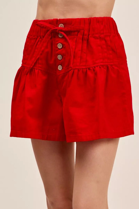SO ME Solid Twill Denim Pintucked Buttoned Shorts With Waist Tie - Bitsy Gypsy Boutique