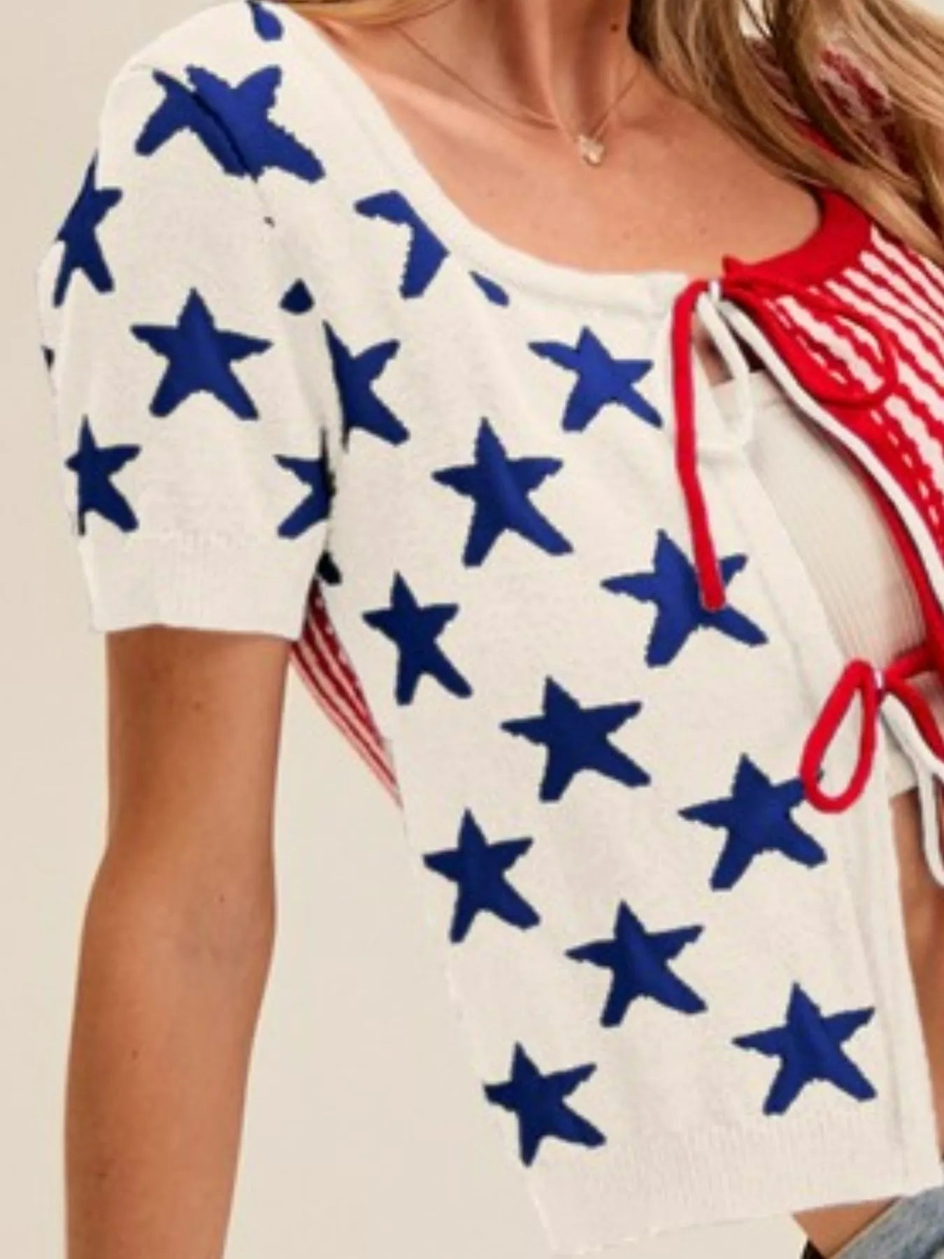 SO ME Stars and Stripe Front Bow Tie Sweater Cardigan - Bitsy Gypsy Boutique