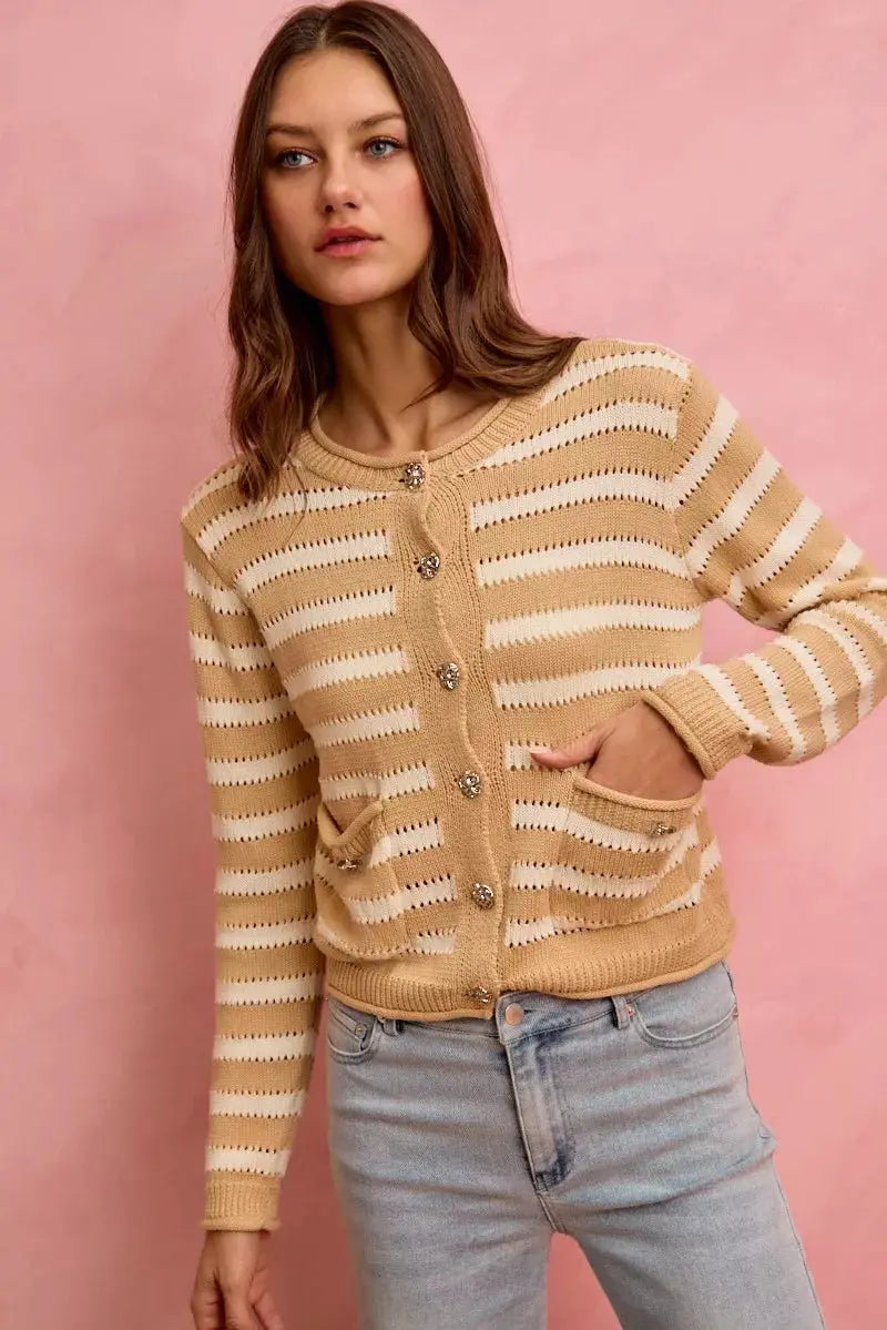 SO ME Stripe Long Sleeves Button Sweater Cardigan by Trendsi