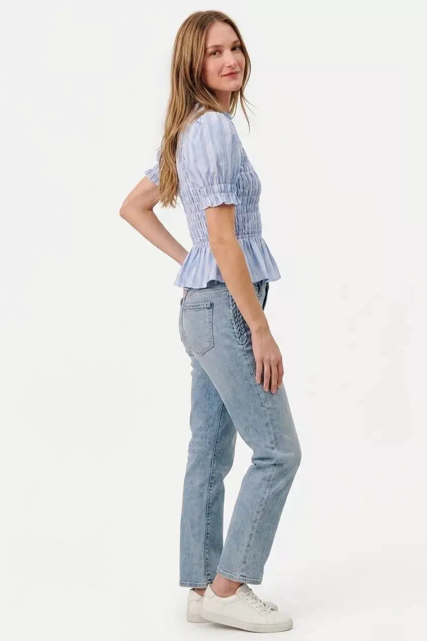 SO ME Stripe Smocked Bodice Puff Sleeves Blouse Top by Trendsi