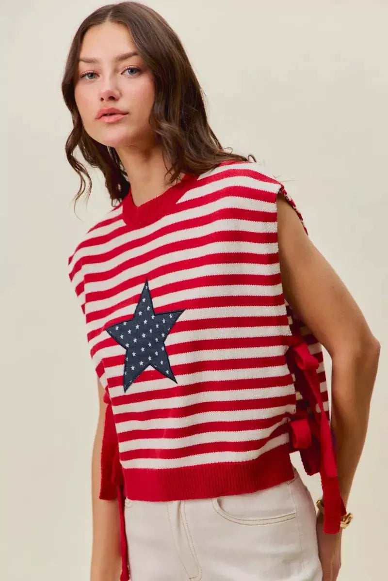 SO ME Stripe Star Patch 4th Of July Side Tie Vest Top by Trendsi