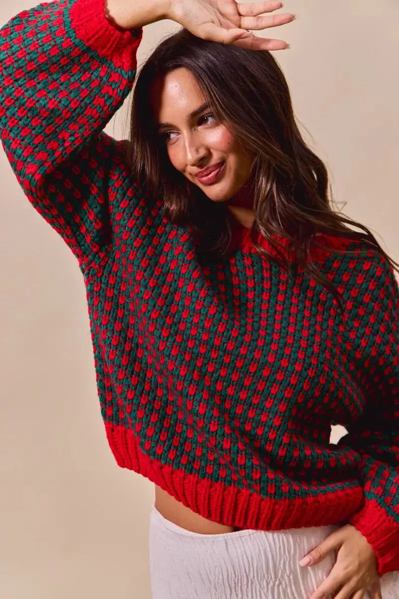 SO ME Textured Two Tone Sweater by Trendsi