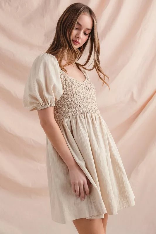 SO ME Textured Woven Daily Dress with Puff Sleeves - Bitsy Gypsy Boutique
