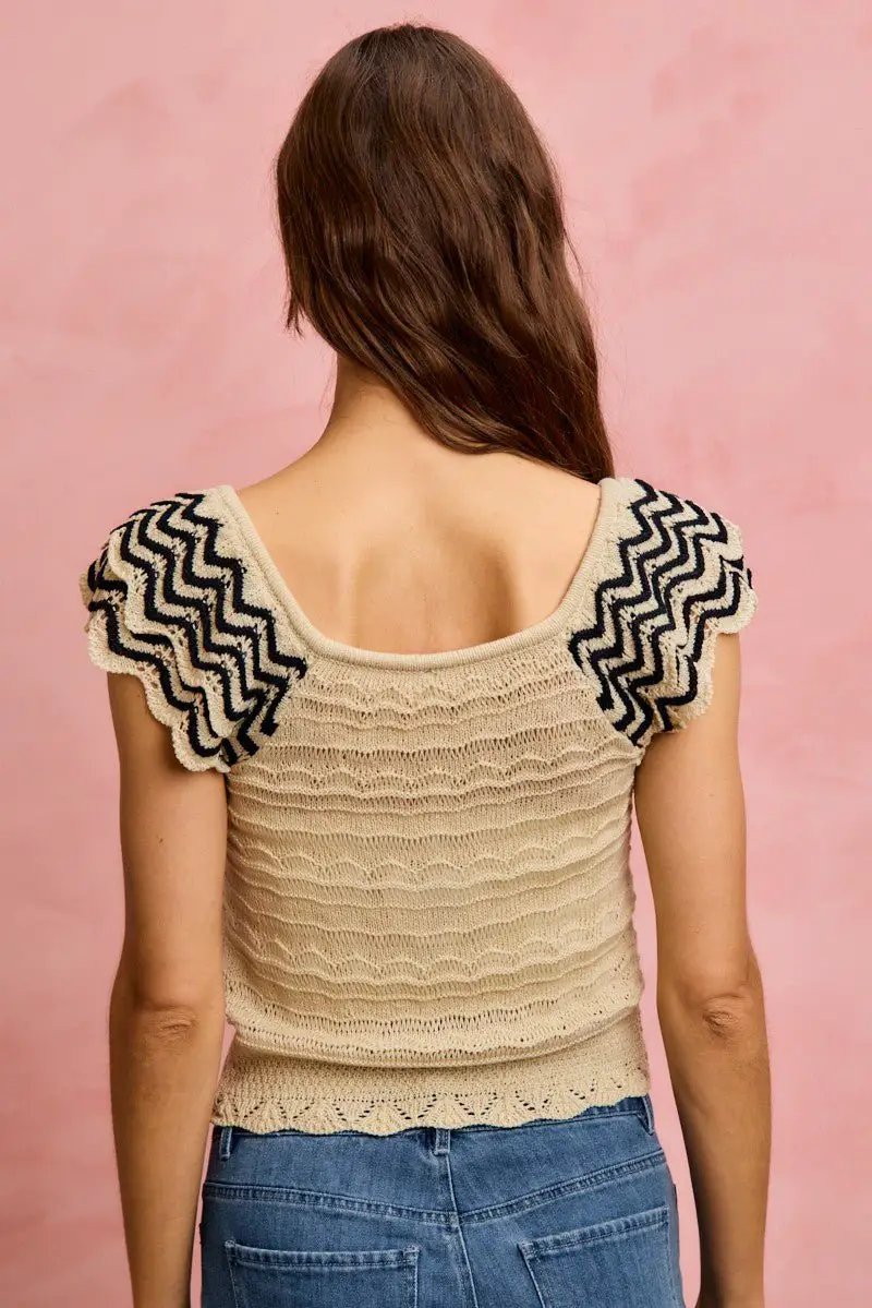 SO ME Wavy Textured Knit Top With Fluttered Sleeves by Trendsi