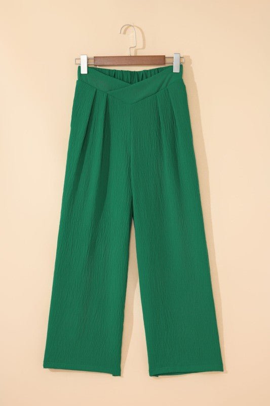 Solid Textured Crossed Waist Wide Leg Pants - Bitsy Gypsy Boutique