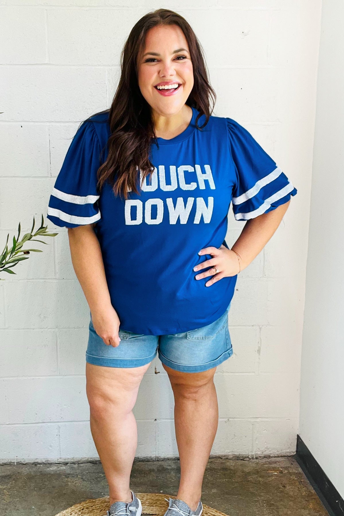 Stand Out Blue "TOUCHDOWN" Sequin Bubble Sleeve Game Day Top - Bitsy Gypsy Boutique