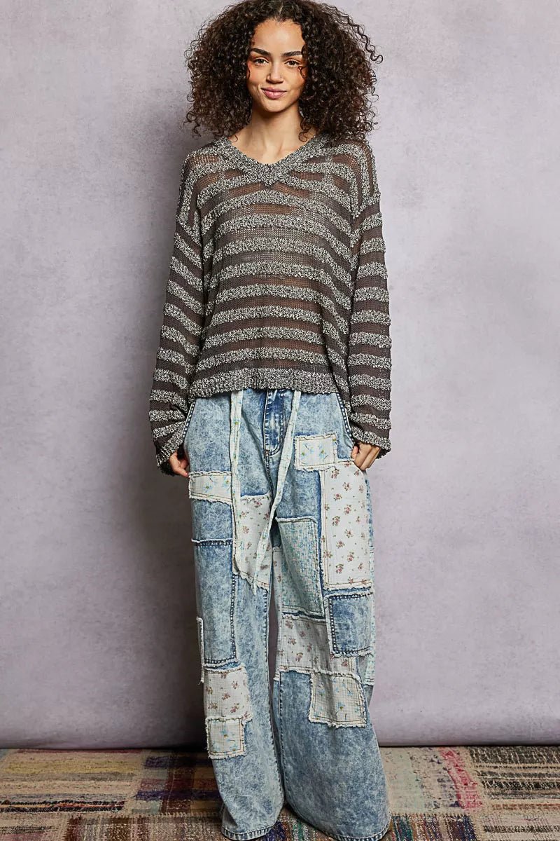 Stripe Pattern V - Neck Long Sleeve Knit Top - Bitsy Gypsy Boutique