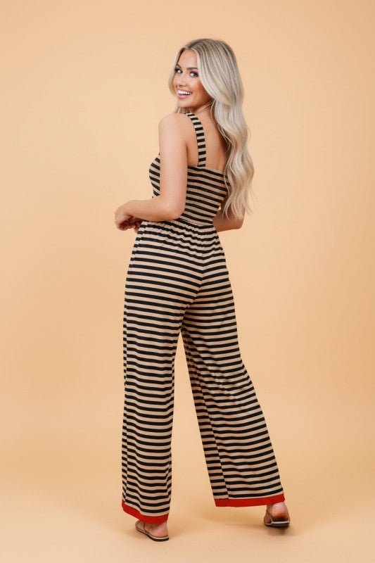 Stripe Square Neck Shirred Wide Leg Jumpsuit - Bitsy Gypsy Boutique