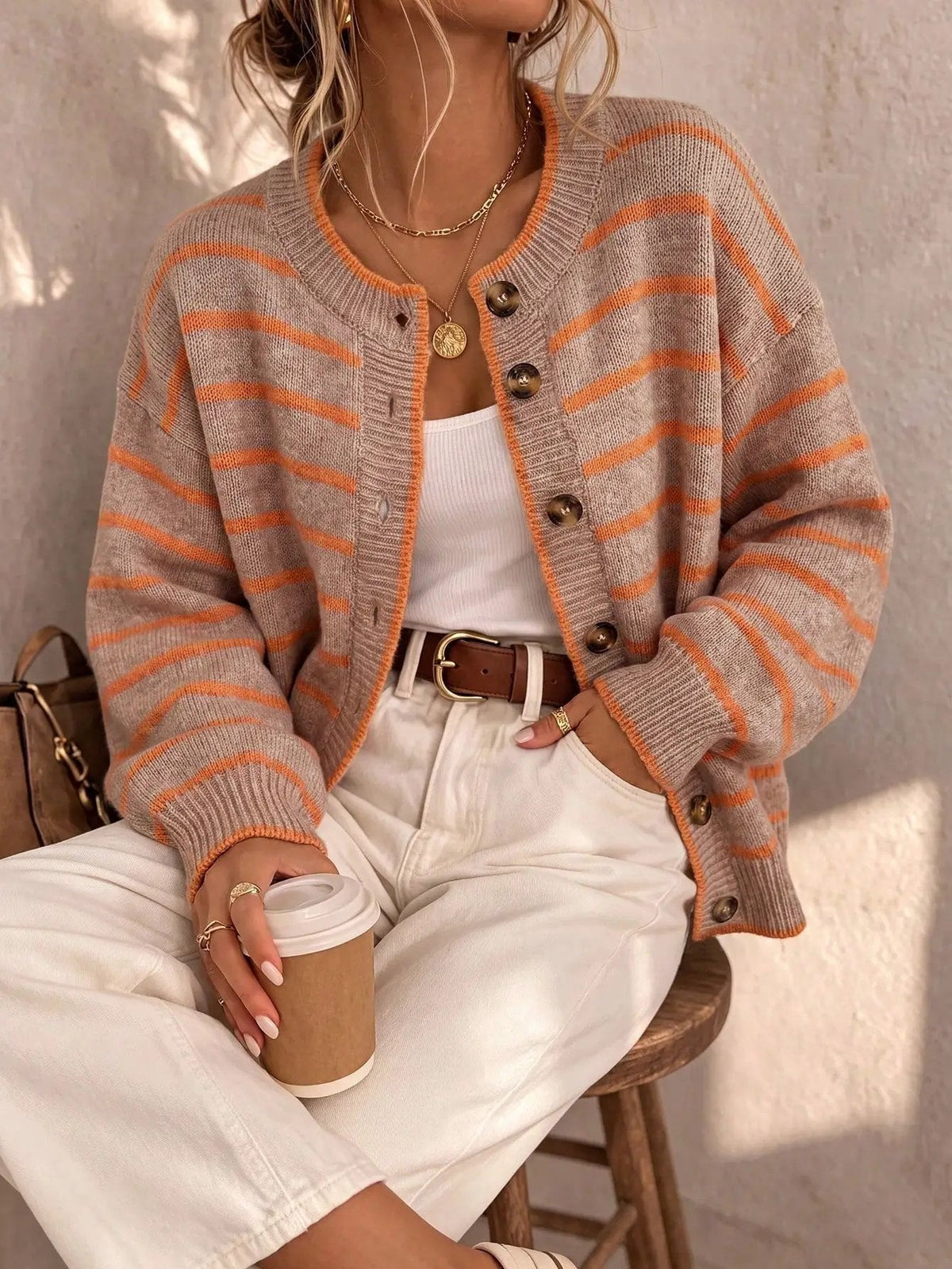 Striped Button Down Long Sleeve Knit Cardigan - Bitsy Gypsy Boutique