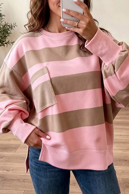 Striped Colorblock Patch Pocket Split Hem Oversized Long Sleeve Sweatshirt - Bitsy Gypsy Boutique