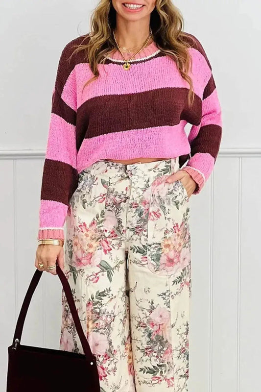 Striped Drop Shoulder Long Sleeve Pullover Regular Fit Knit Sweater - Bitsy Gypsy Boutique