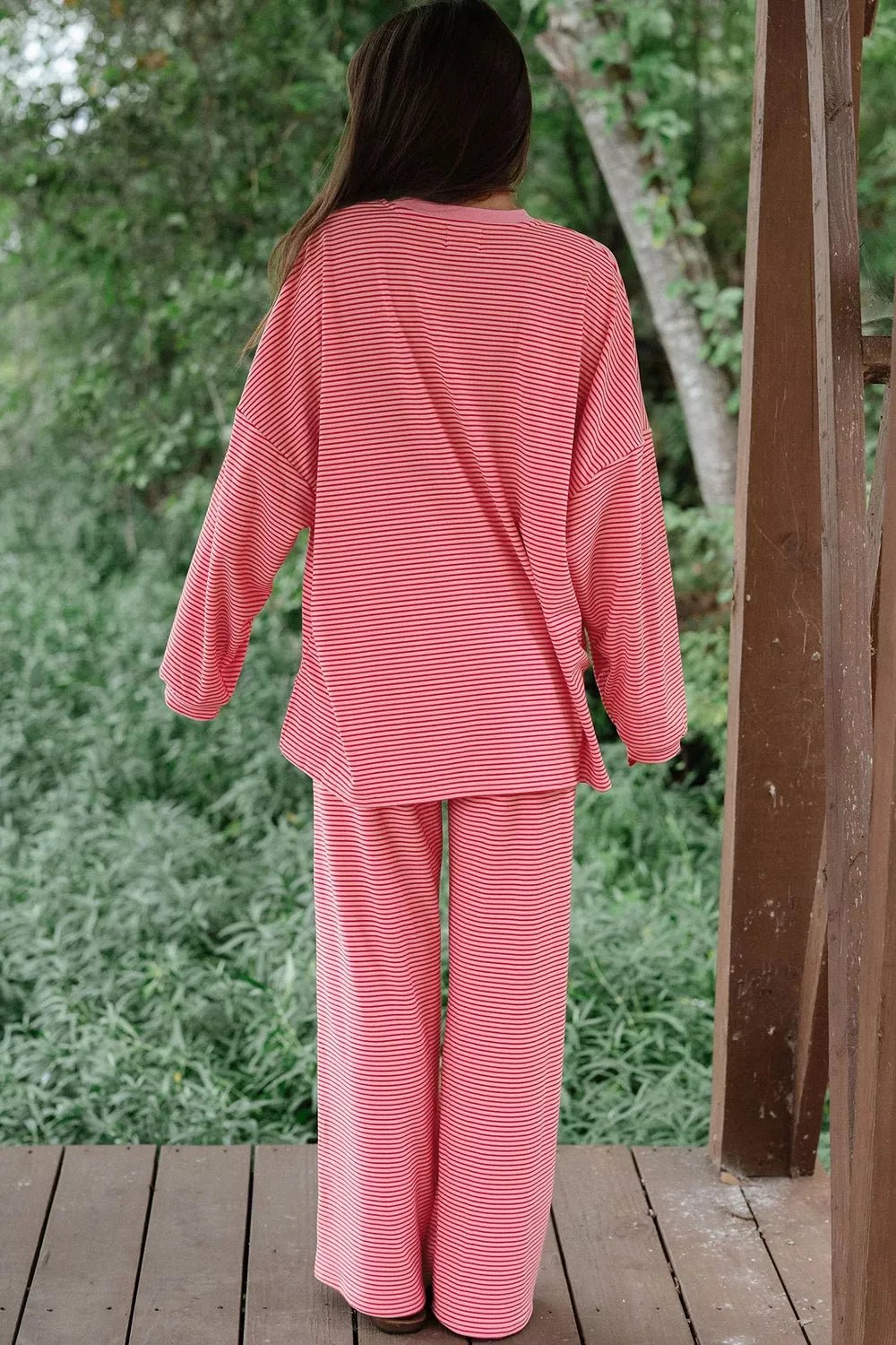 Striped Drop Shoulder Long Sleeve Top and Pants Set - Bitsy Gypsy Boutique