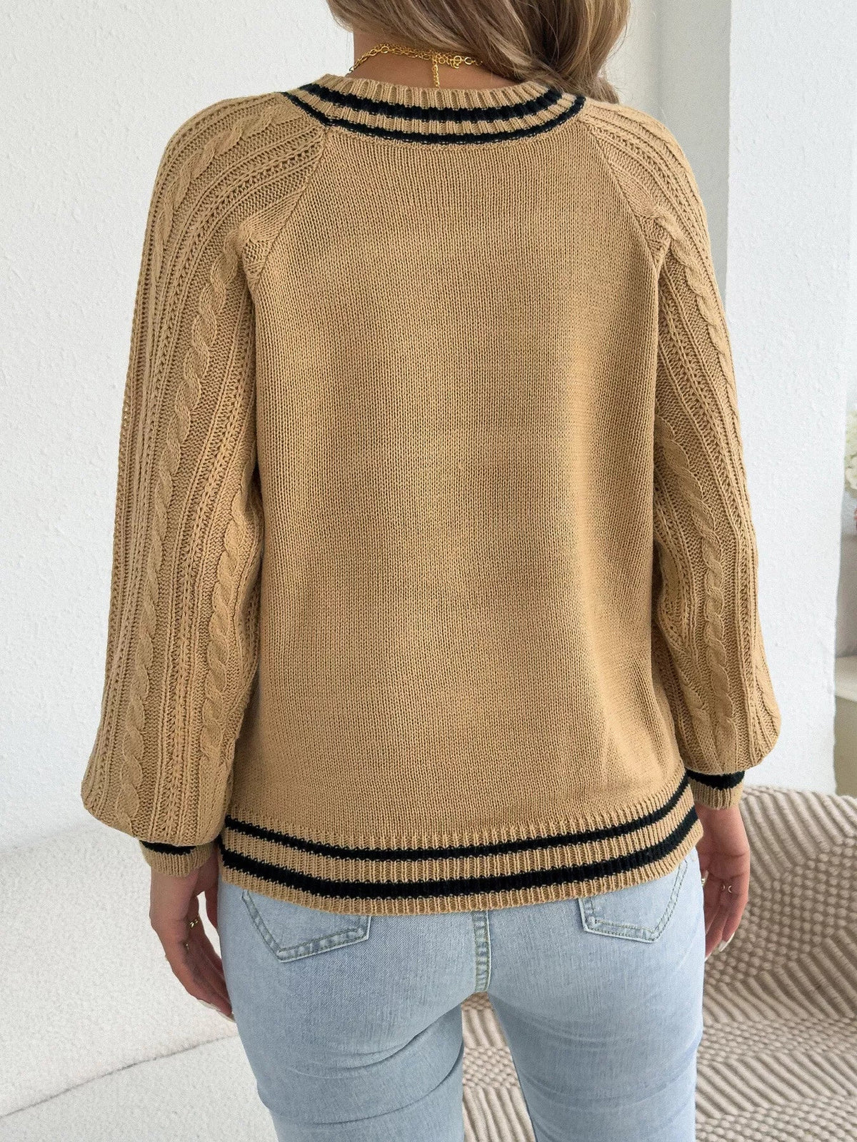 Striped Trim Cable Knit Sweater - Bitsy Gypsy Boutique