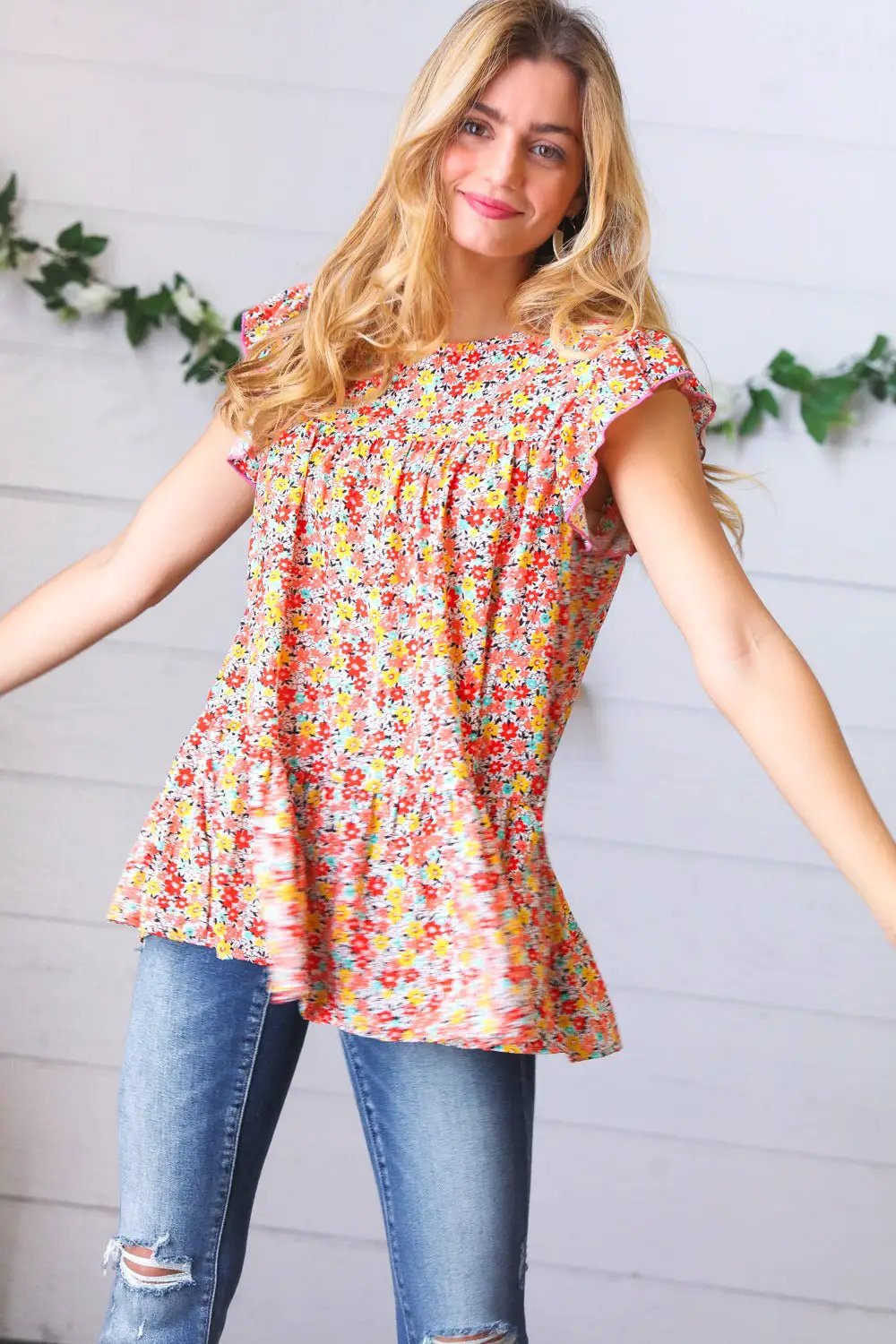 Sunset Floral Print Ruffle Tiered Keyhole Top by Haptics