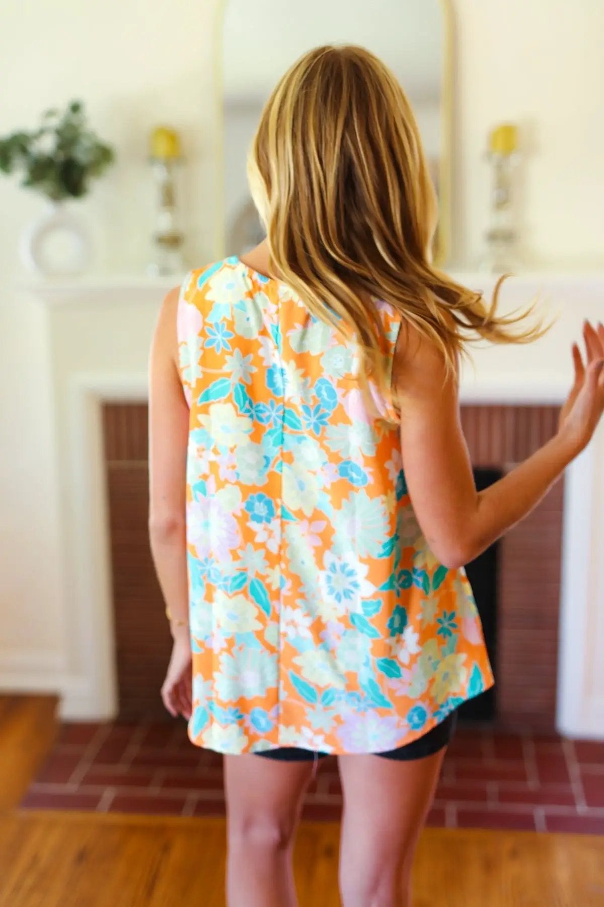 Tangerine Floral Banded V Neck Sleeveless Top by Haptics
