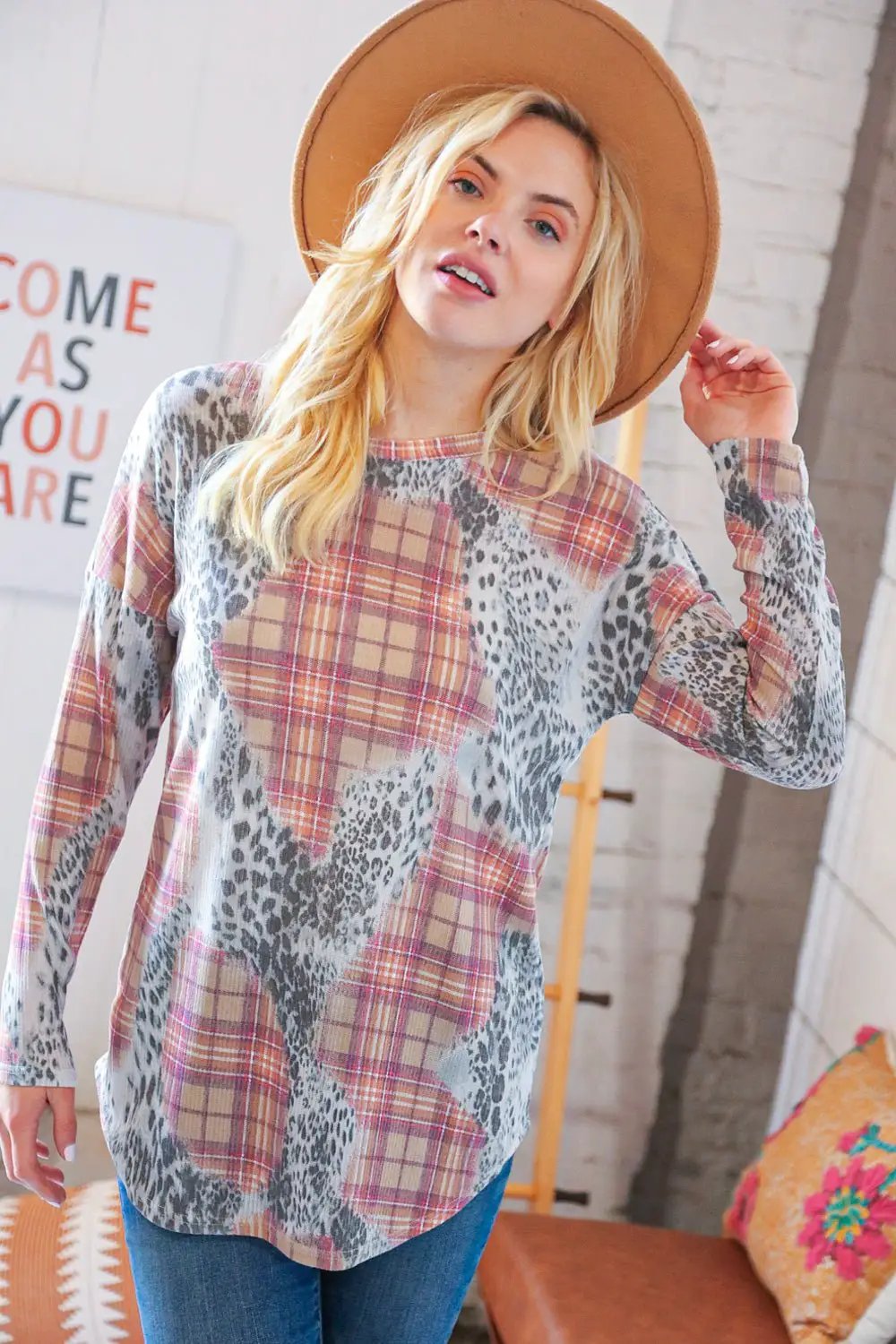 Taupe Leopard Plaid Rib Knit Round Neck Pullover by Viamor