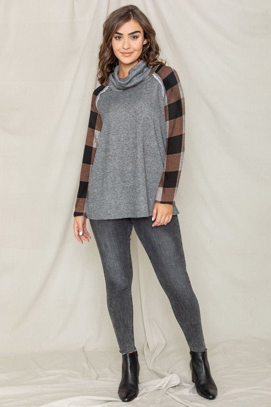 Terry Cowl Neck Checkered Sleeve Tunic - Bitsy Gypsy Boutique