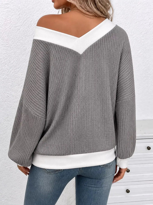 Textured Contrast Trim V-Neck Knit Top by Trendsi
