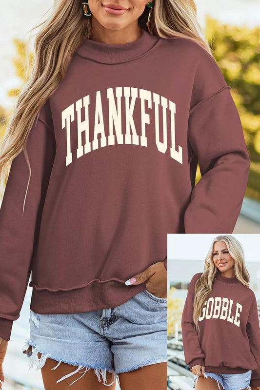 Thanksgiving High Neck Slogan Graphic Pullover Sweatshirt - Bitsy Gypsy Boutique