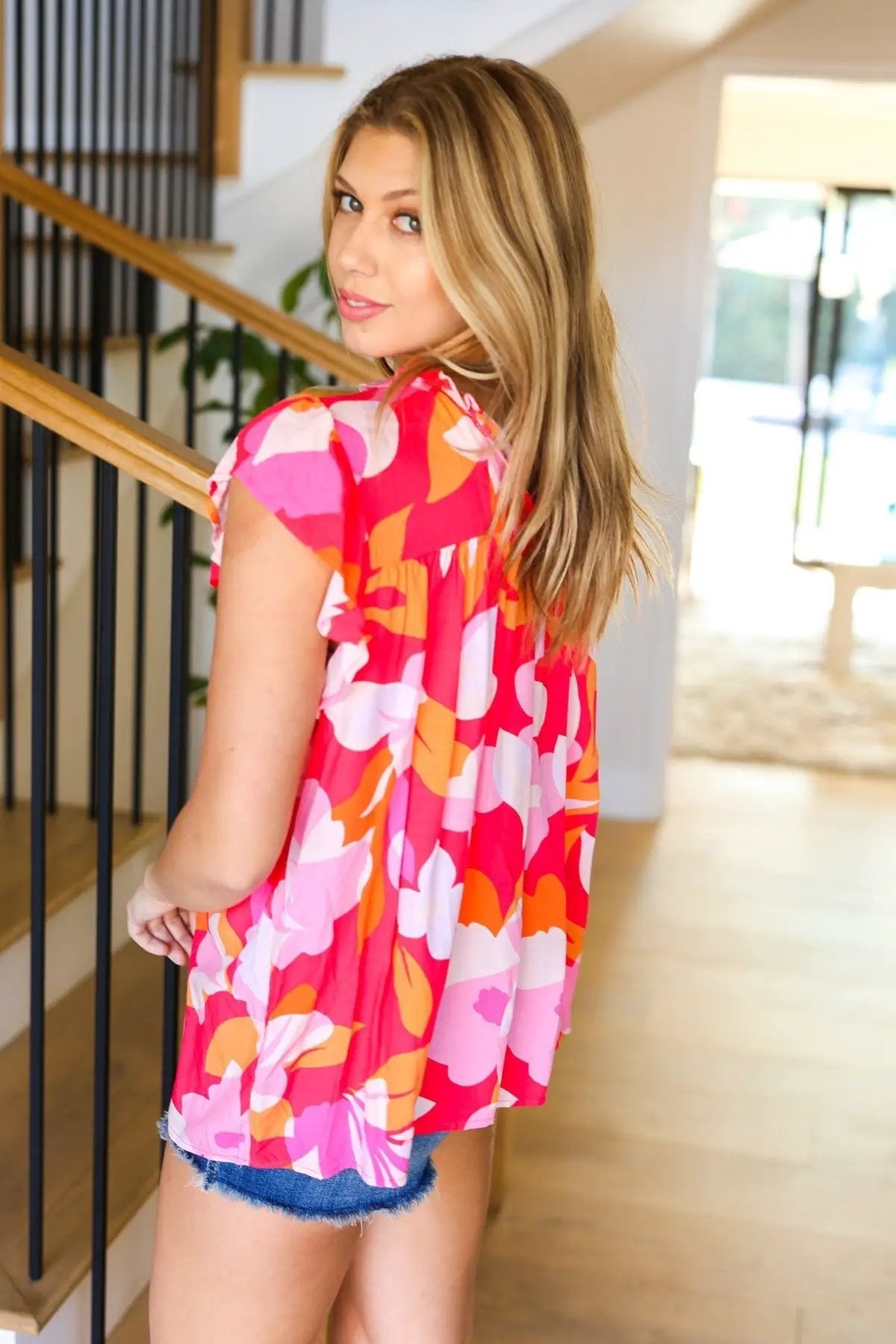 Tropical Bliss Peach Floral Mock Neck Flutter Sleeve Top by Haptics
