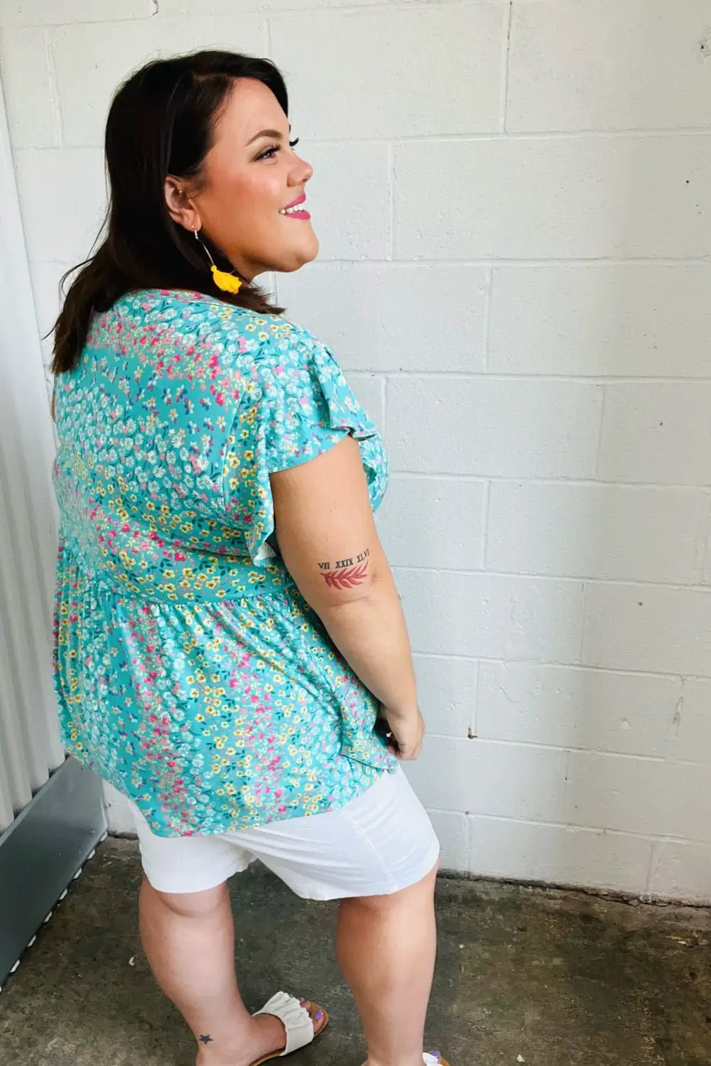 Turquoise Floral Stripe Babydoll Top by Haptics