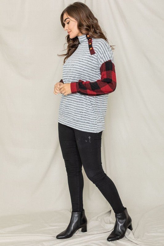 Turtle Neck Checker Sleeve Tunic - Bitsy Gypsy Boutique