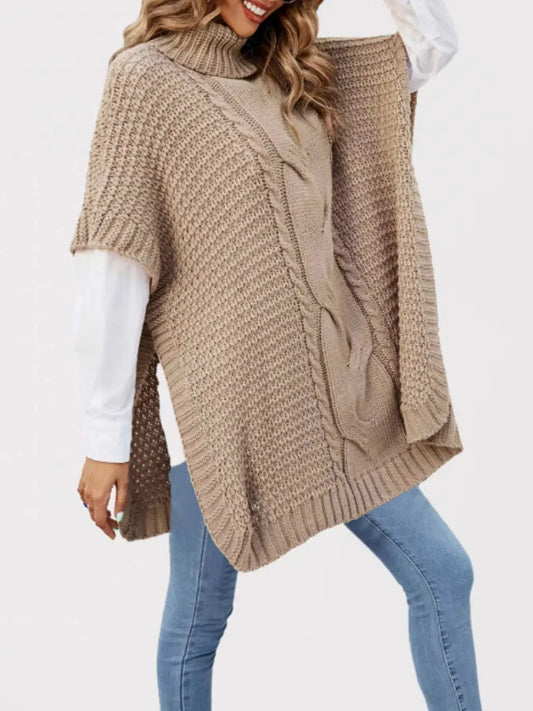 Turtleneck Cable-Knit Short Sleeve Oversized Sweater by Trendsi