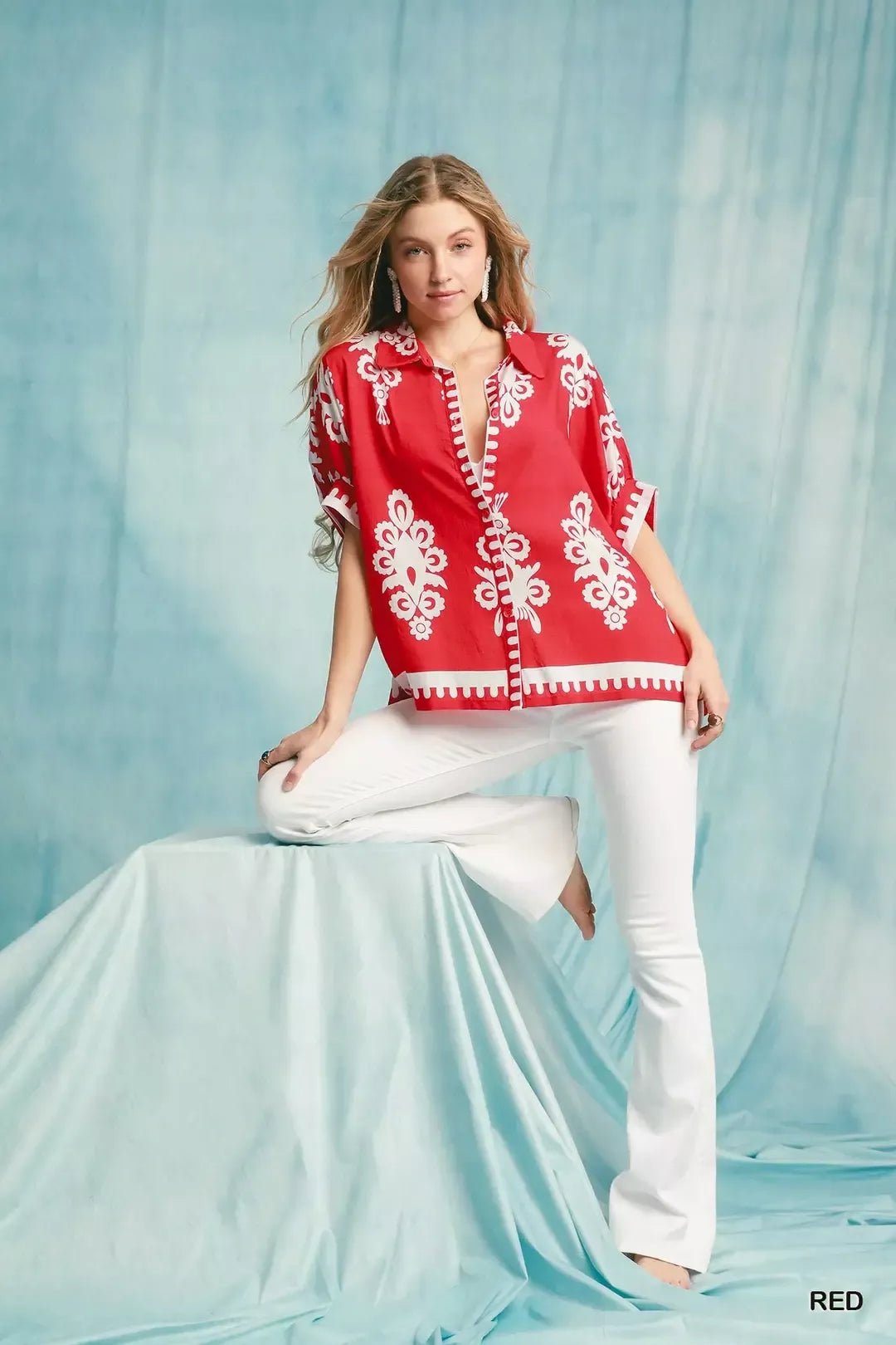 Umgee Abstract Print Button Down Short Sleeve Shirt - Bitsy Gypsy Boutique