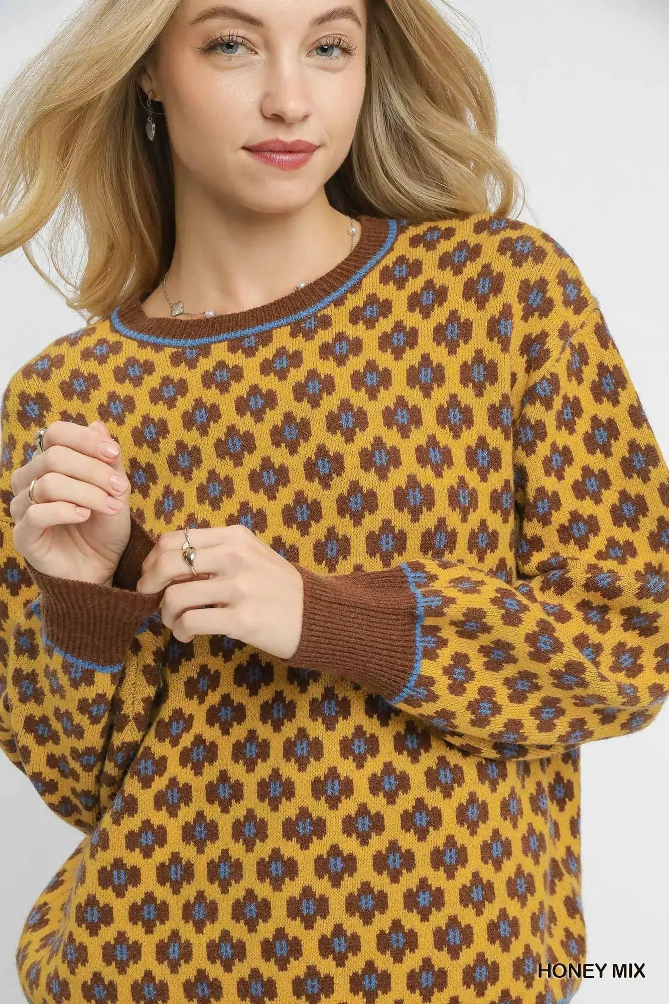Umgee Abstract Print Crew Neck Sweater by Trendsi