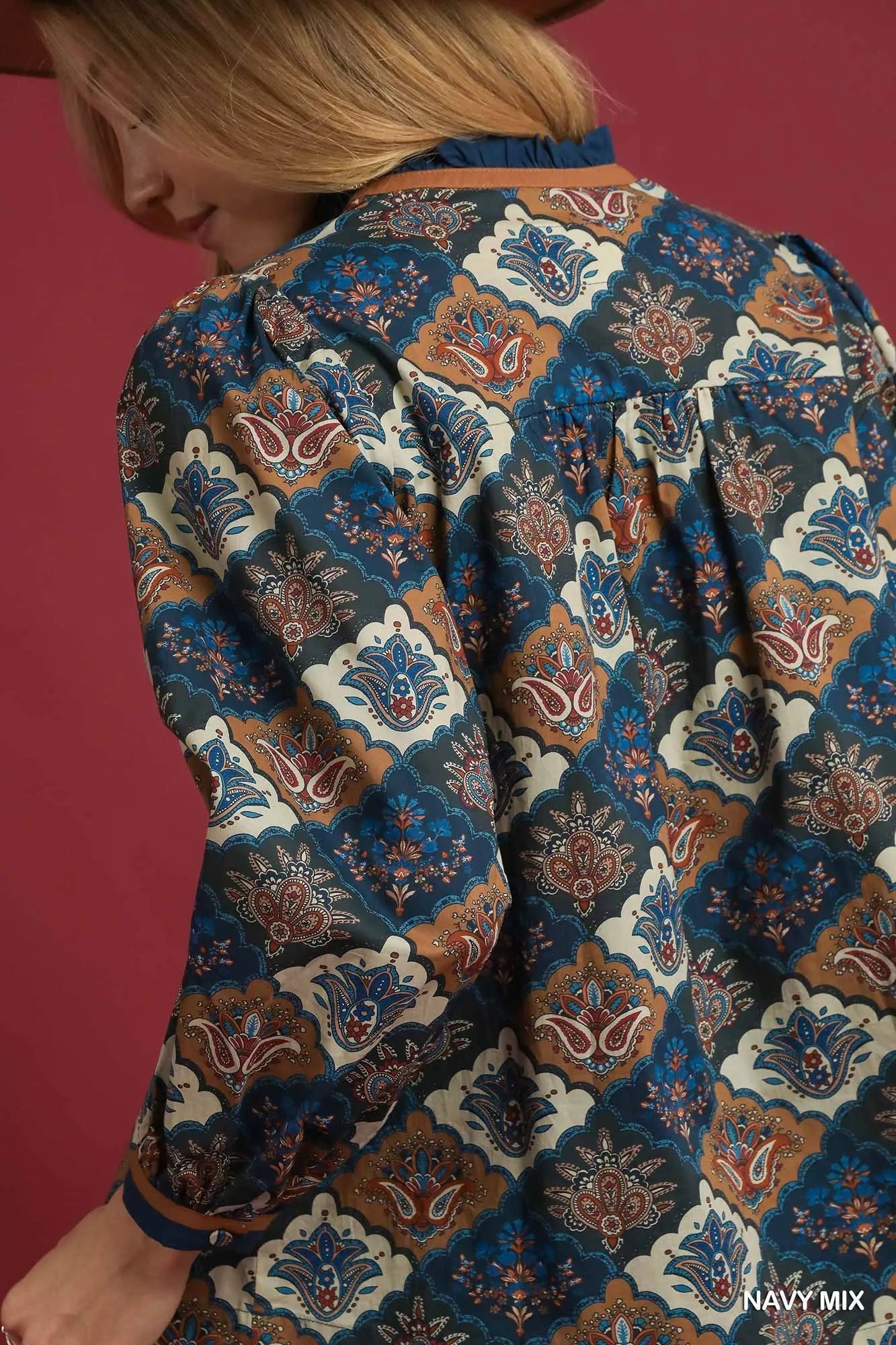 Umgee Abstract Print Ruffle Neck Top - Bitsy Gypsy Boutique