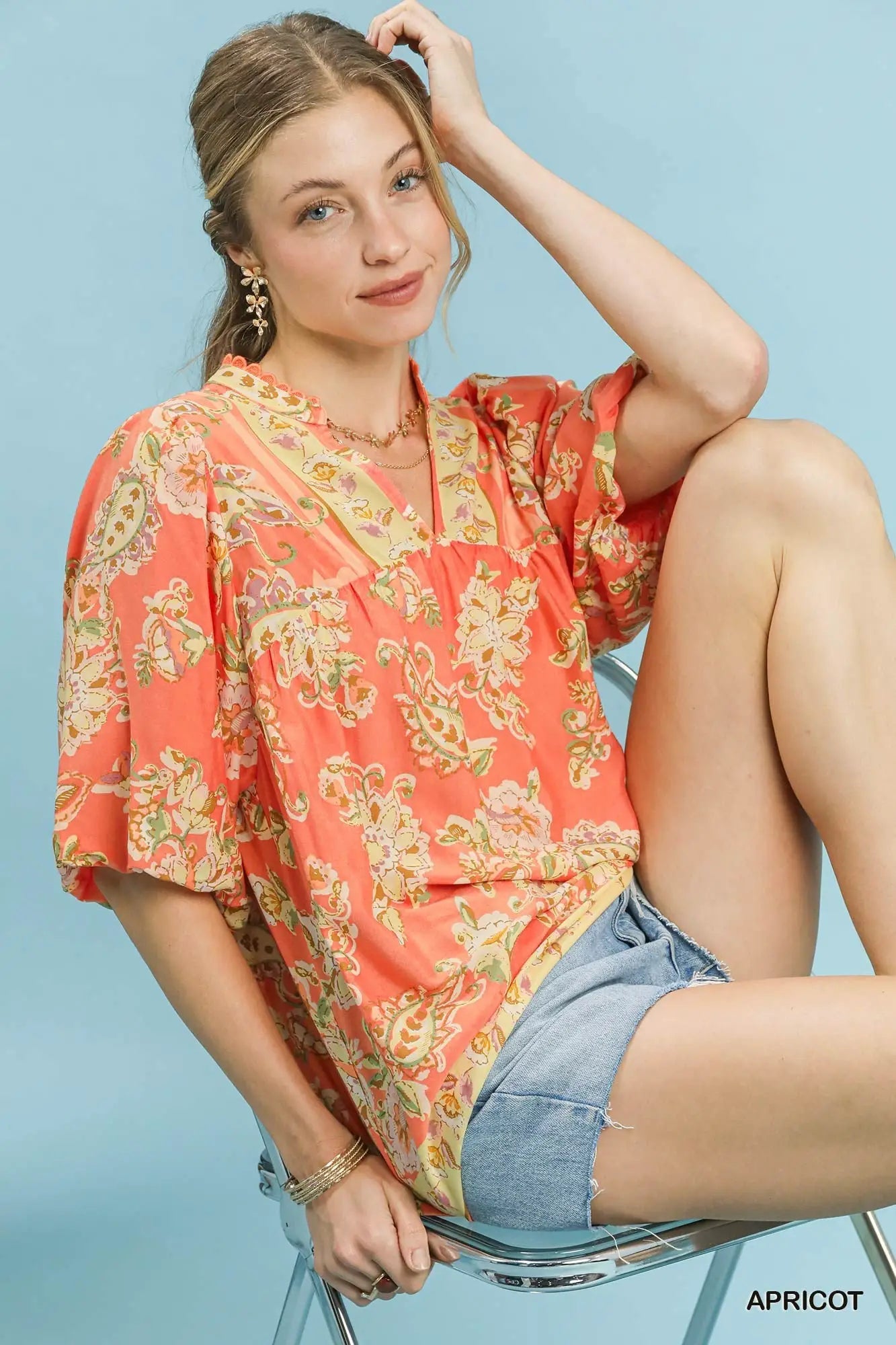 Umgee Apricot Floral Boho Blouse by Trendsi