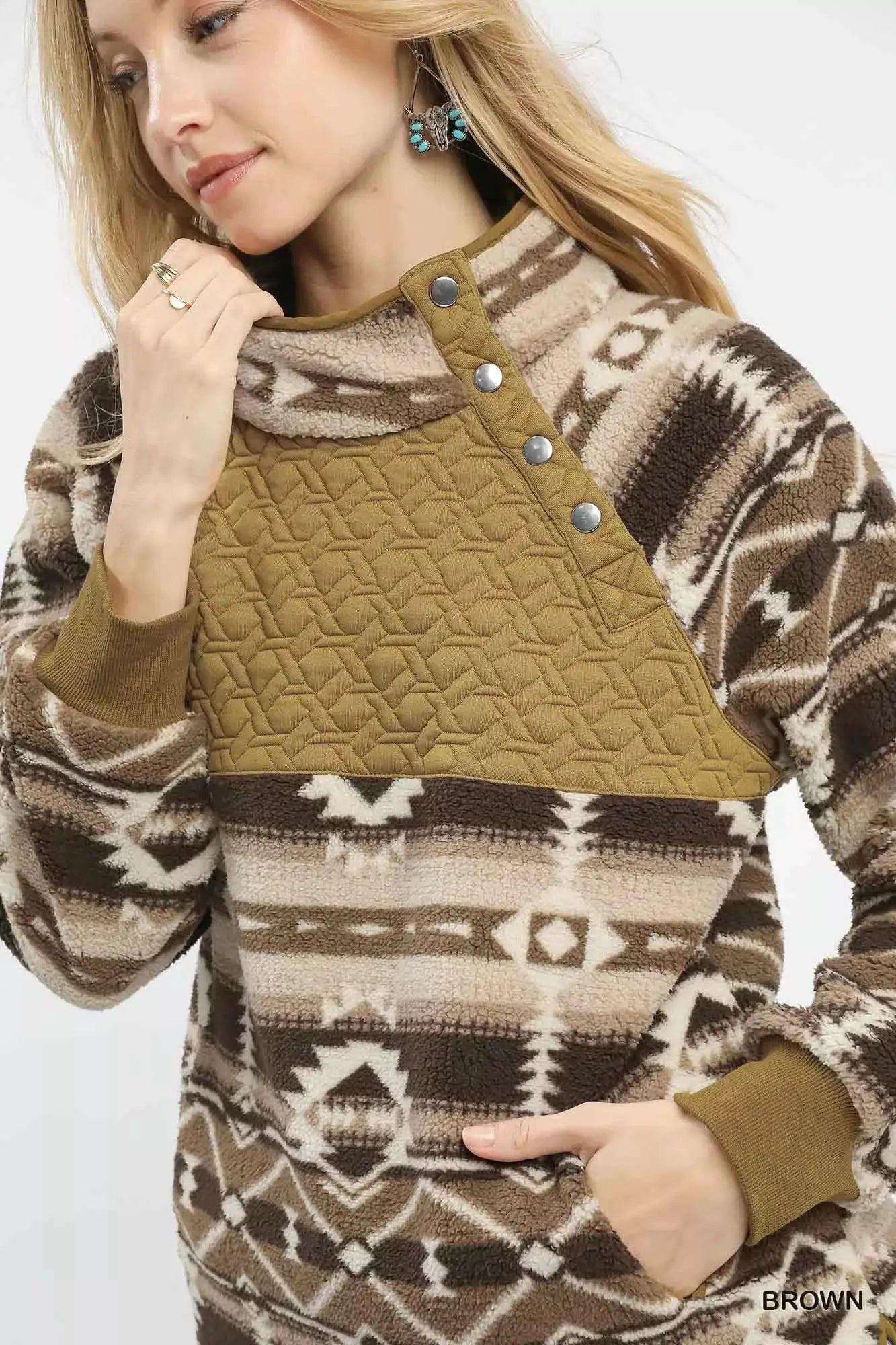 Umgee Aztec Print Sherpa Pullover by Trendsi