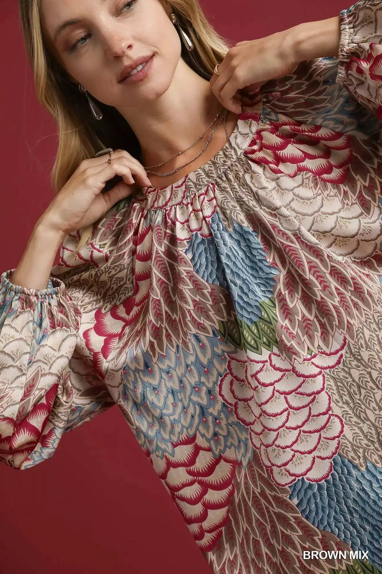 Umgee Boho Feather Print Peasant Blouse by Trendsi