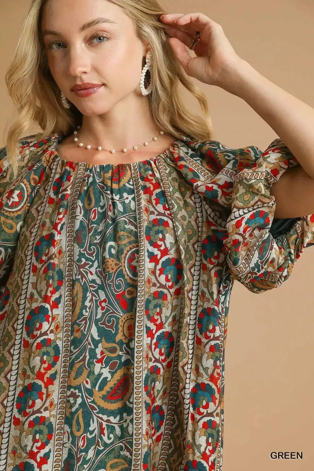 Umgee Boho Floral Stripe Puff Sleeve Blouse by Trendsi